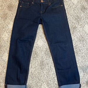 Express Dark Blue Straight Jeans with Distressed Knees and Cuffed Hem